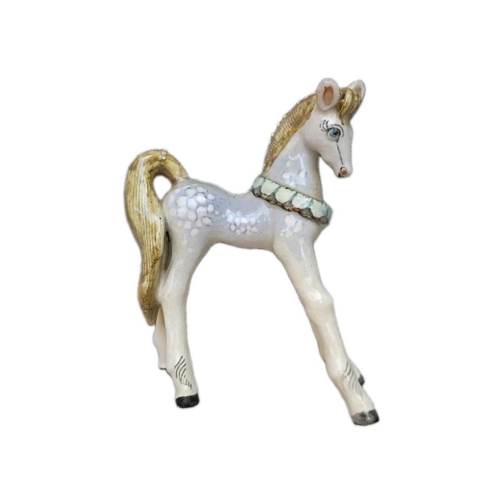 Basil Matthews Signed Horse Figurine Vintage Blue White Clay Animal Statue 5in